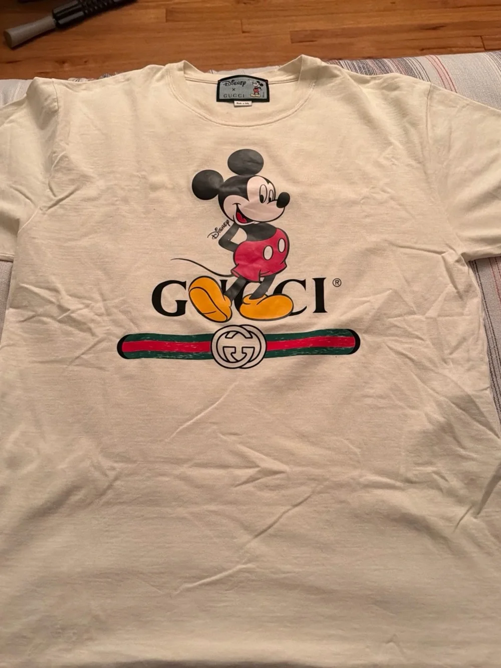 Gucci Cream Disney Mickey Graphic Tee with Red, Yellow, Black Accents